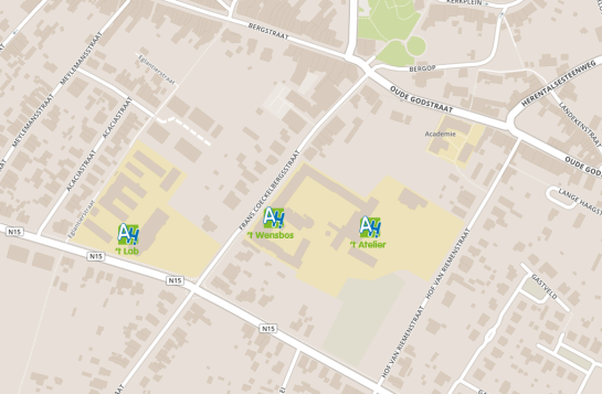 Kaart met de locatie van AH! campus 't Lab, 't Atelier en 't Wensbos